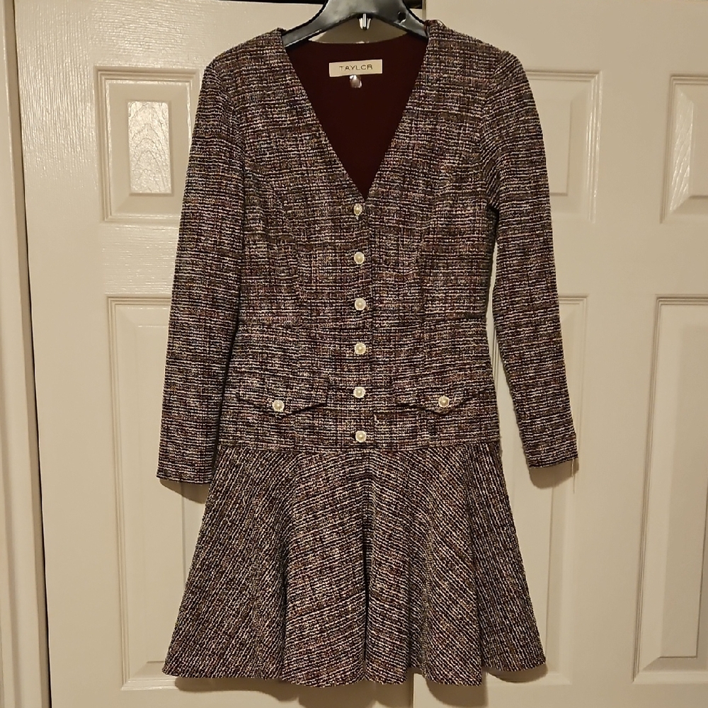 TAYLOR Women's Long Sleeve Tweed Dress - Black and Cream